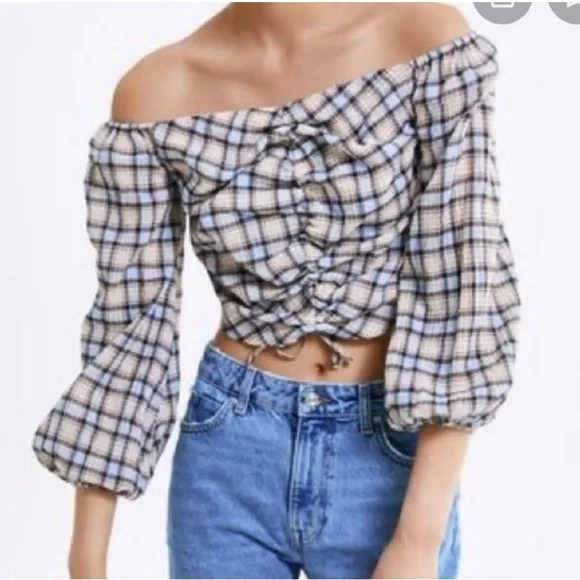 Zara Women's M Blue Cream Plaid Ruched Chic Cottagecore 3/4 Sleeve Blouse - Picture 1 of 10